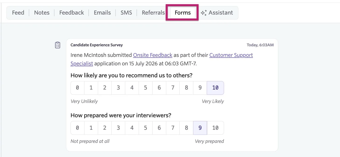 The Forms section of the candidate profile with a submitted candidate experience survey.