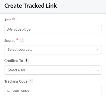 Create Tracked Link form with fields for Title, Source, Credited To, and Tracking Code.