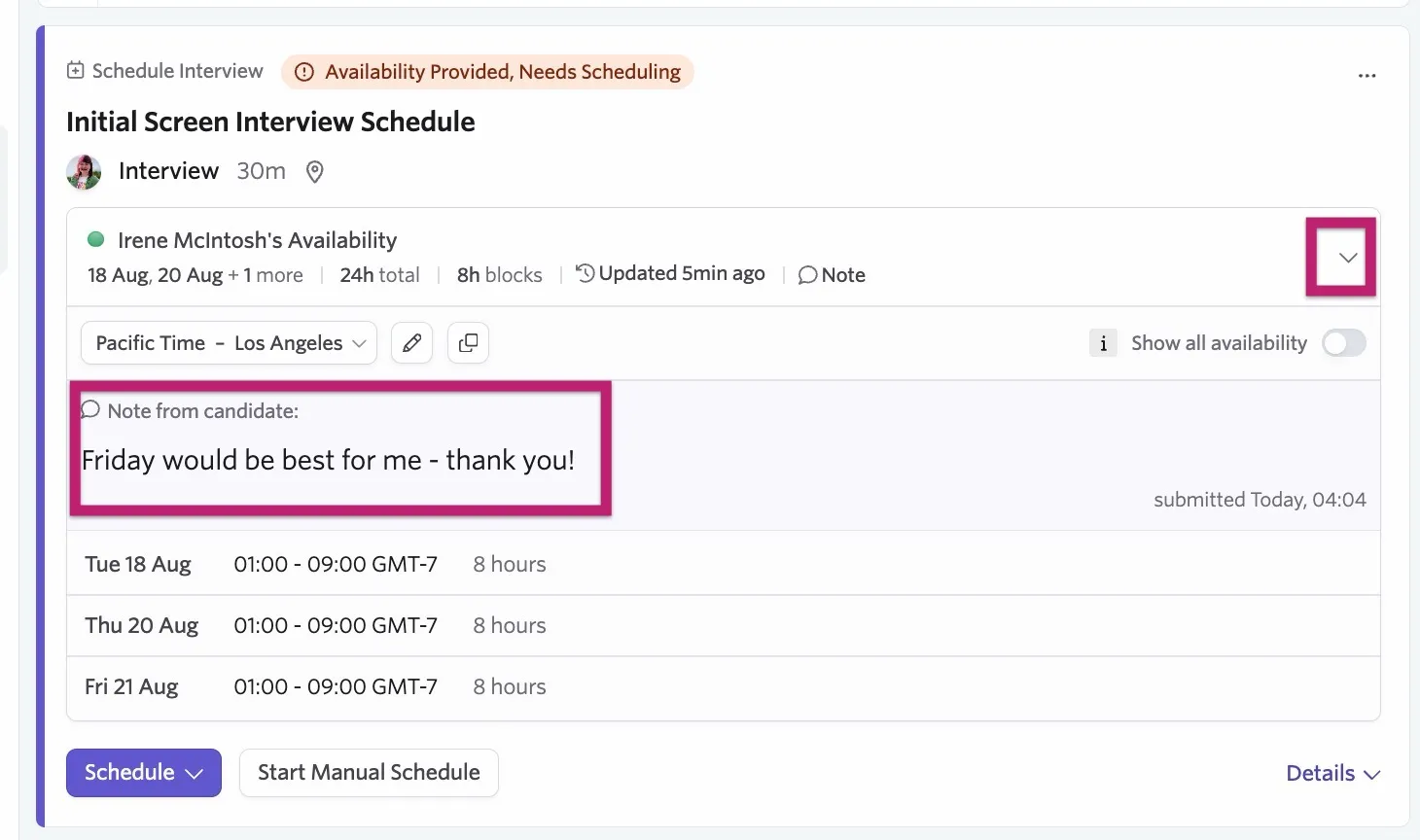 The open activity details showing the note and candidate availability