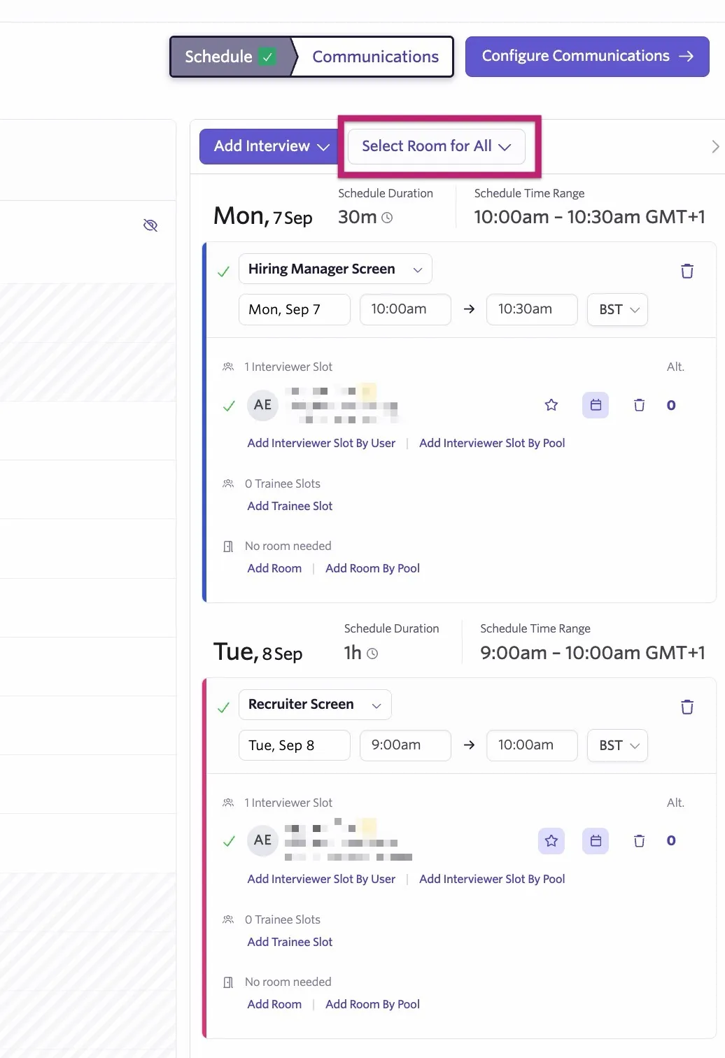 The screenshot shows an interview setup for a multi-event interview. Click the Select Room for All button to set the meeting rooms for all events. The screenshot shows an interview setup for a multi-event interview. Click the Select Room for All button to set the meeting rooms for all events.