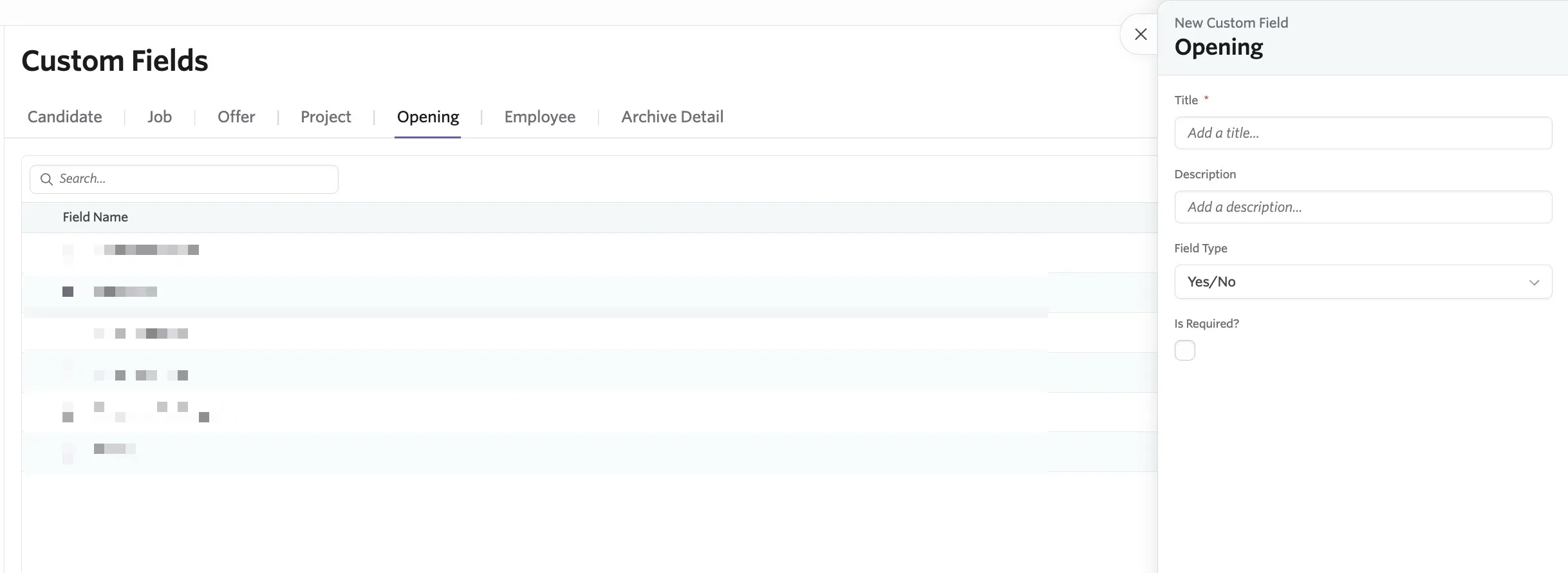 Creating an opening custom field. Creating an opening custom field.