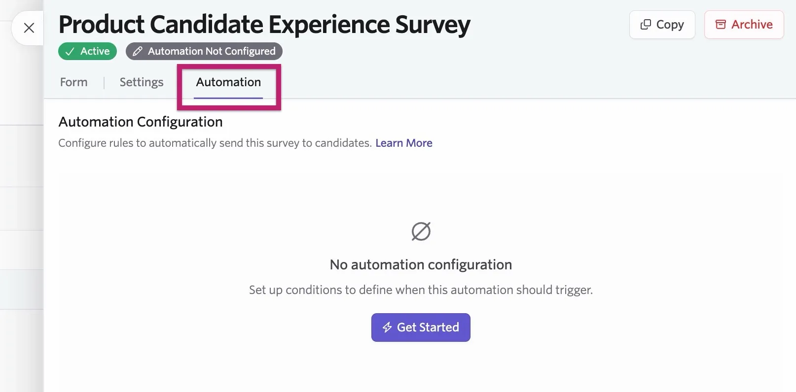 The automation tab on a candidate experience survey.