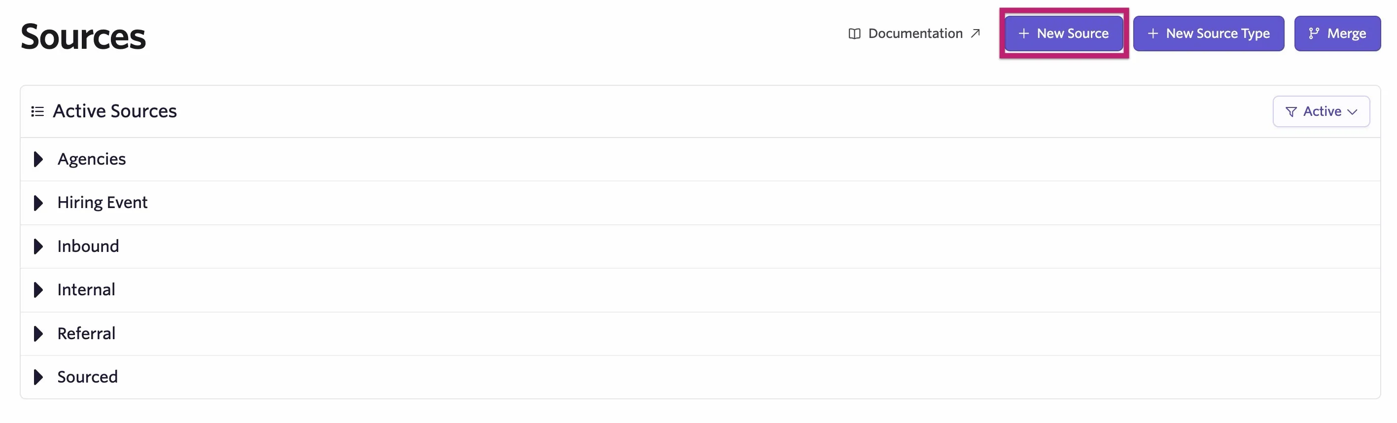 The Sources page with the New Source button highlighted The Sources page with the New Source button highlighted