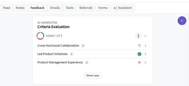 The Feedback tab on a candidate profile displaying the AI evaluation results summary for various resume criteria.