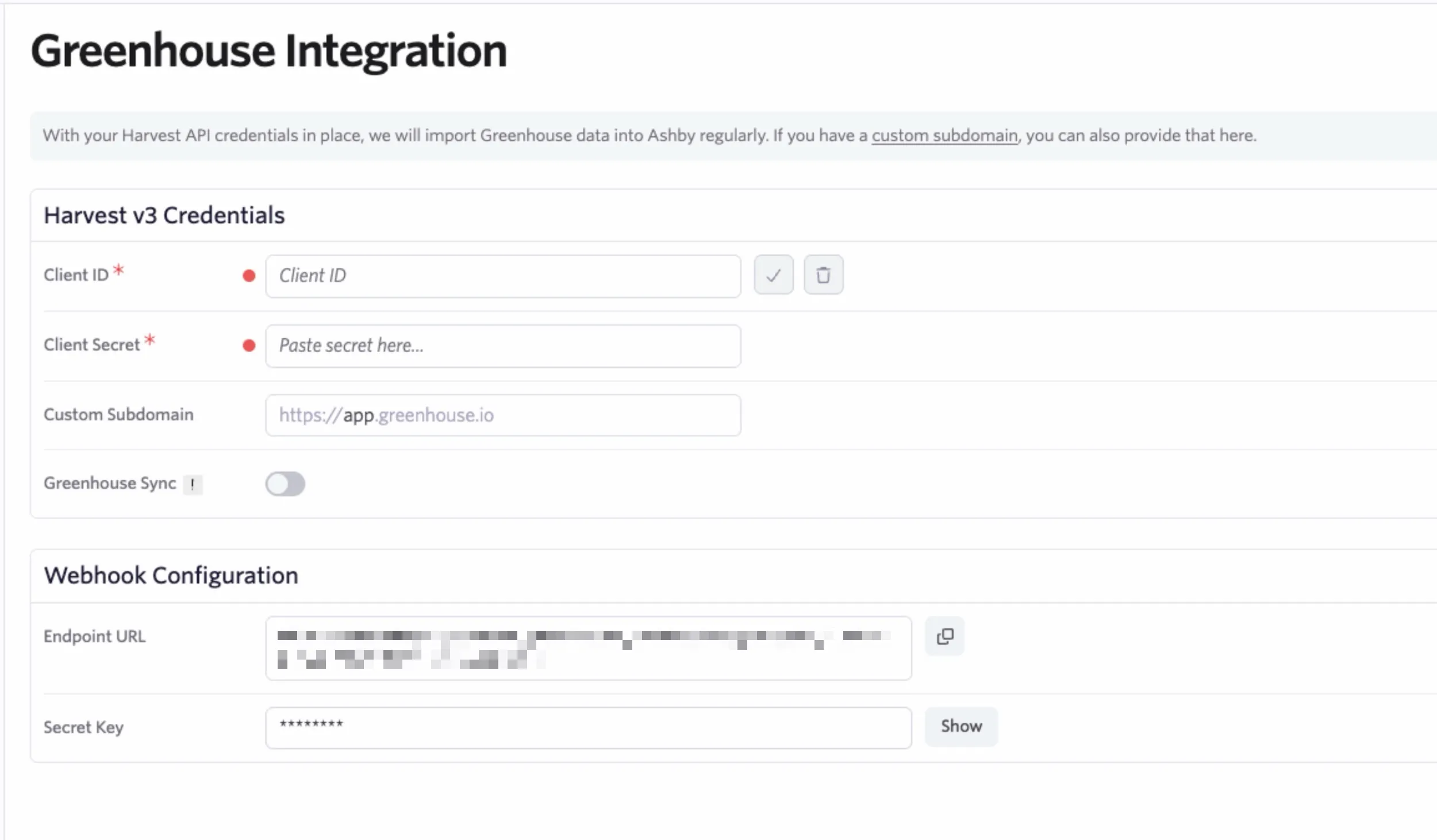The Greenhouse integration page in Ashby. The Greenhouse integration page in Ashby.