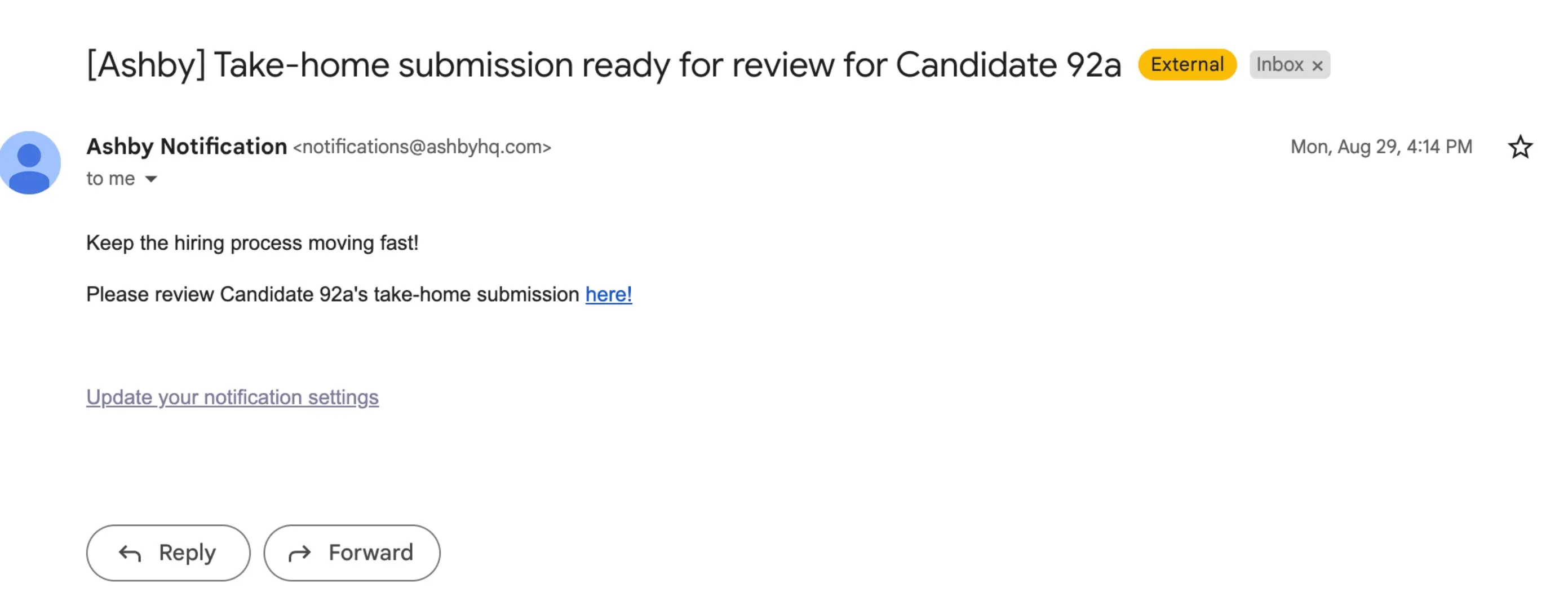 Email notification informing a reviewer that a take-home submission is ready.