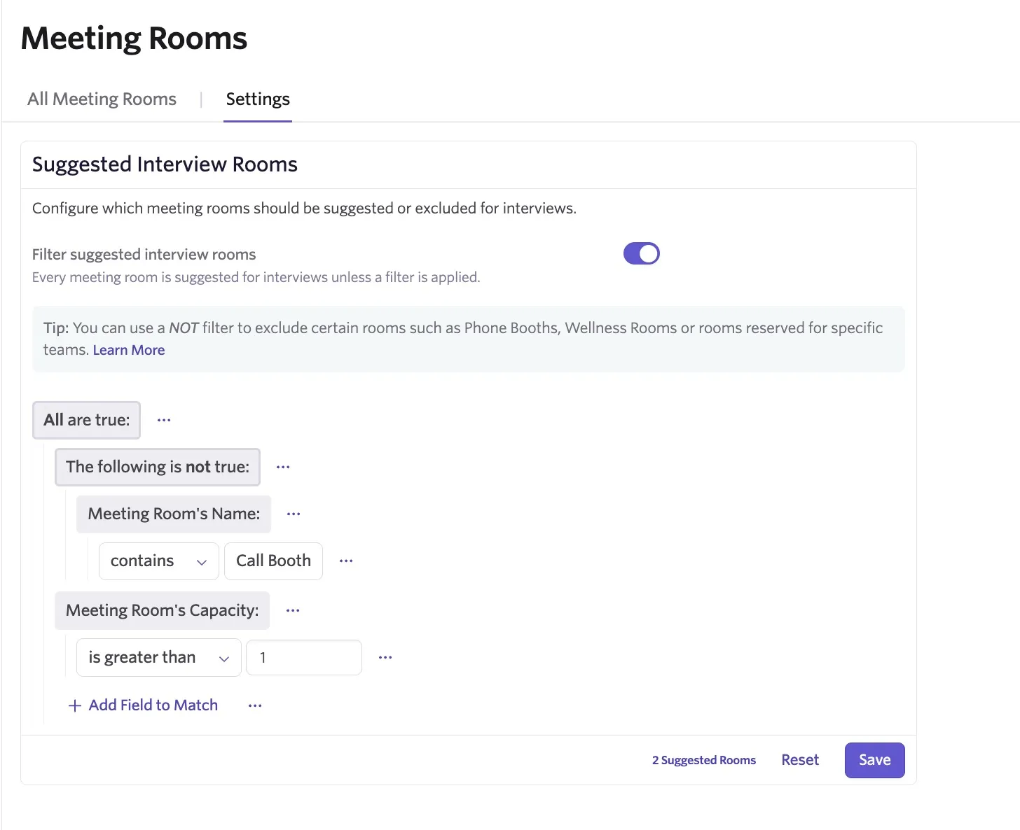 An example of suggested meeting room criteria set with multiple operators.