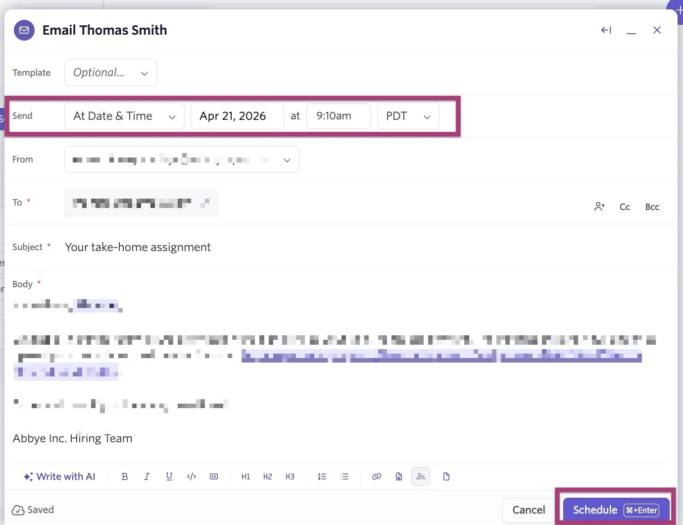 Scheduled take-home email displayed under Current Activities.