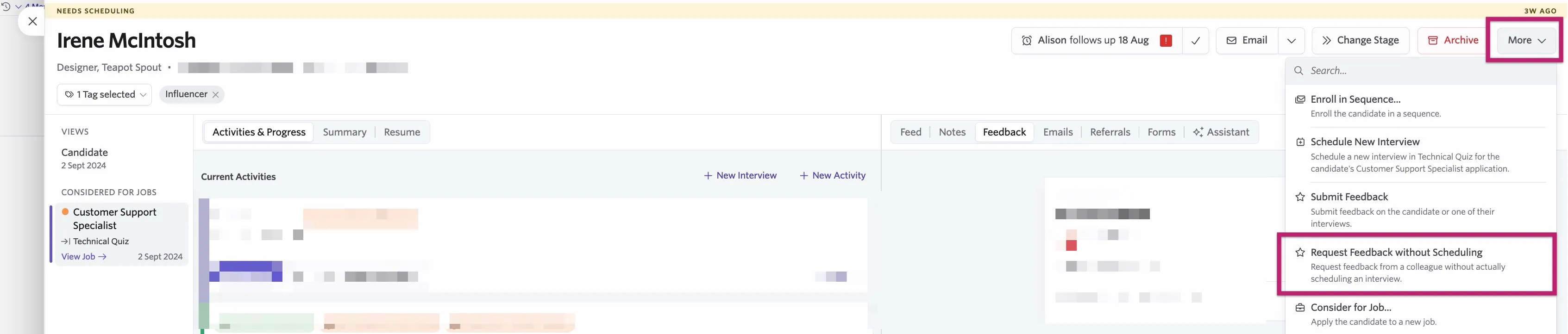 The screenshot shows the candidate profile with the More menu open and the Request Feedback without Scheduling option highlighted.