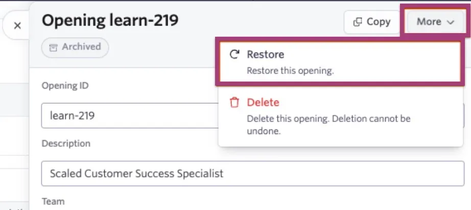 Highlights the More button in the upper right corner and the Restore option.