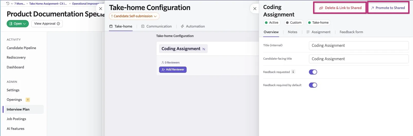 Take-home Configuration for a Coding Assignment in Ashby, with options highlighted to delete and link the assignment to a shared take-home or promote it to a shared take-home.
