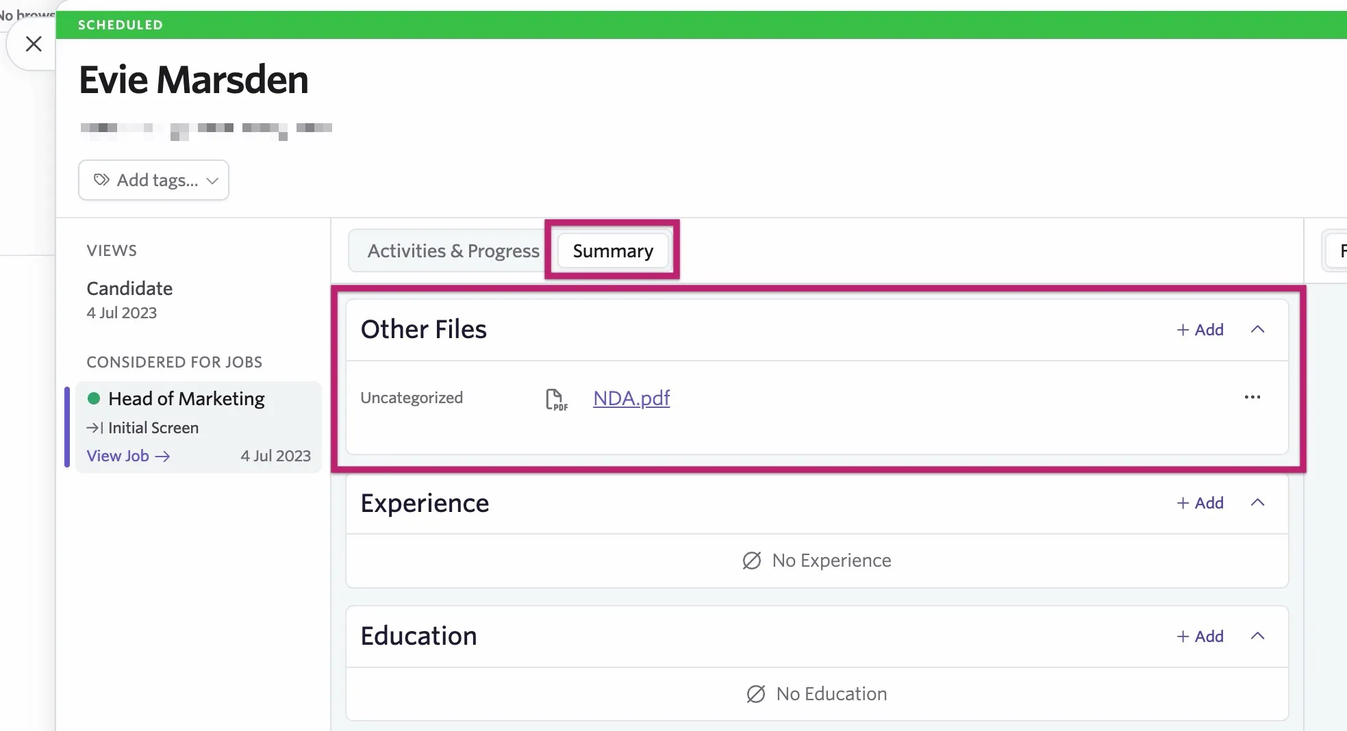 A copy of a signed e-signature document is added to the Other Files section.