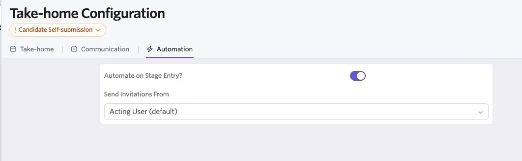 ADD ALT TEXT — screenshot of the Automation tab showing the Automate on Stage Entry toggle and user selector.