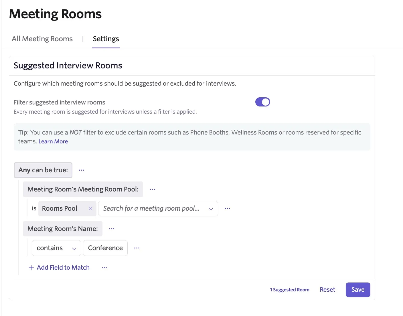 And example of suggested meeting rooms criteria using the OR operator.