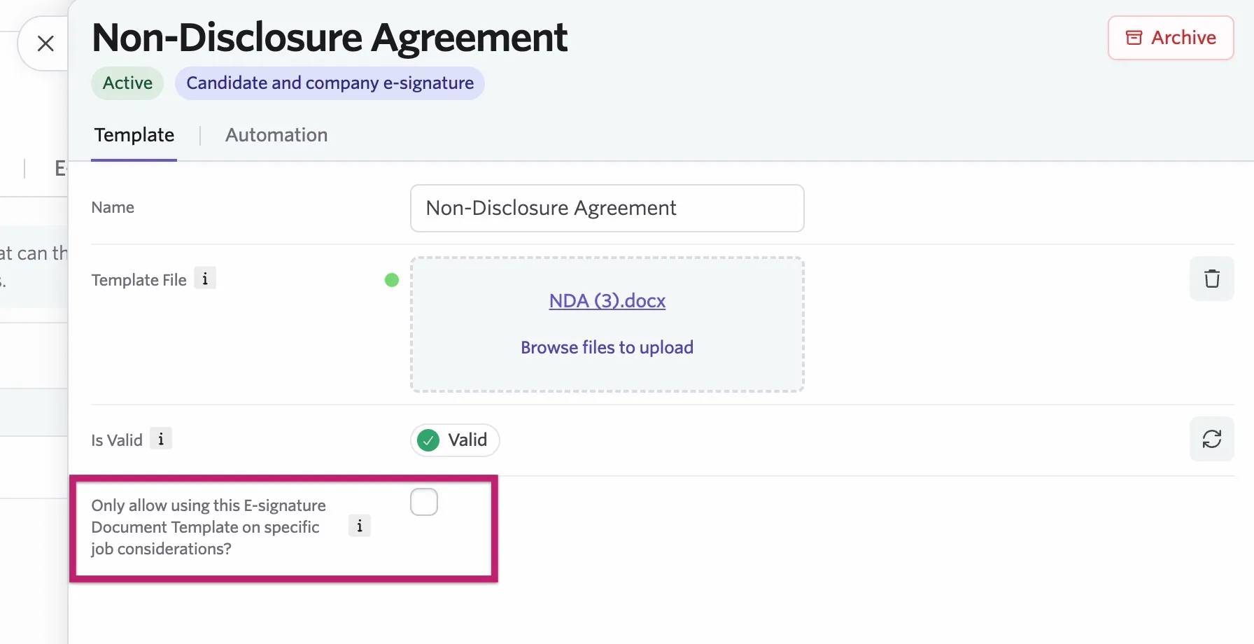 This image shows the Only allow using this E-signature Document Template on specific job considerations checkbox.
