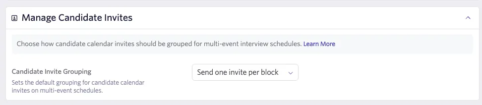 Manage candidate invites settings and the candidate invite grouping dropdown.