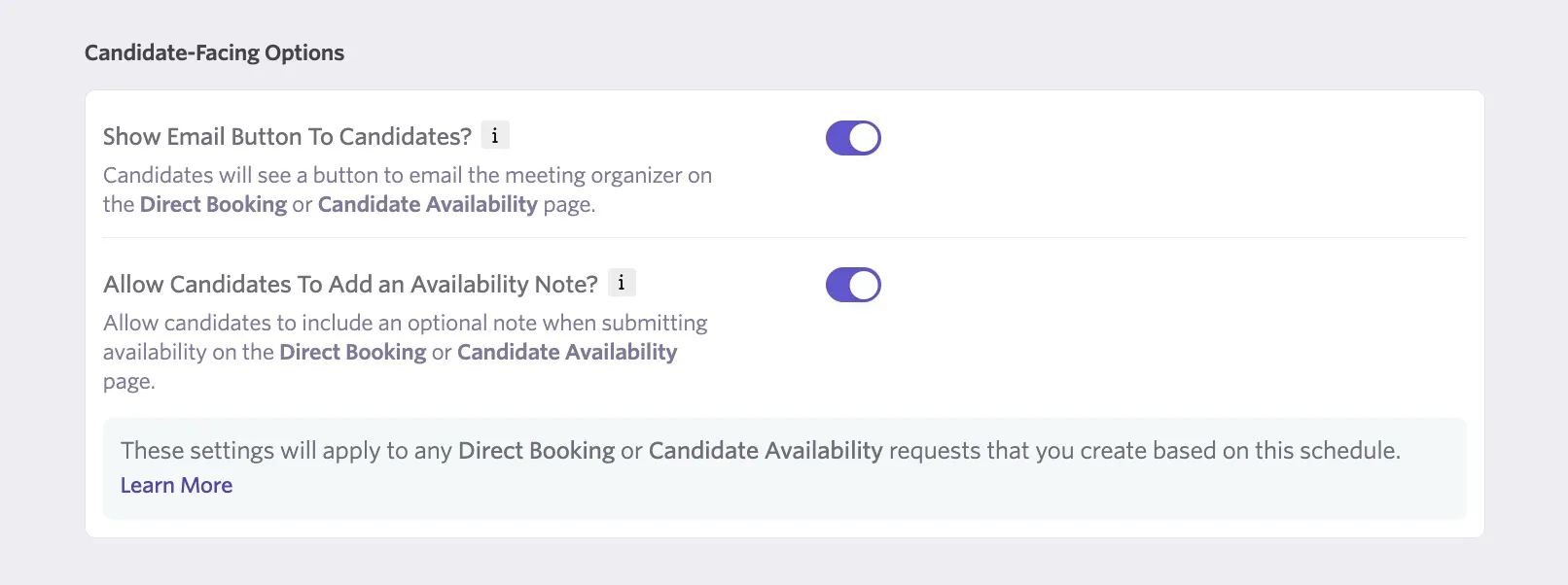 This image shows the Candidate-Facing Options section, where you can enable the Show Email Button To Candidate? and Allow Candidates To Add an Availability Note? options.