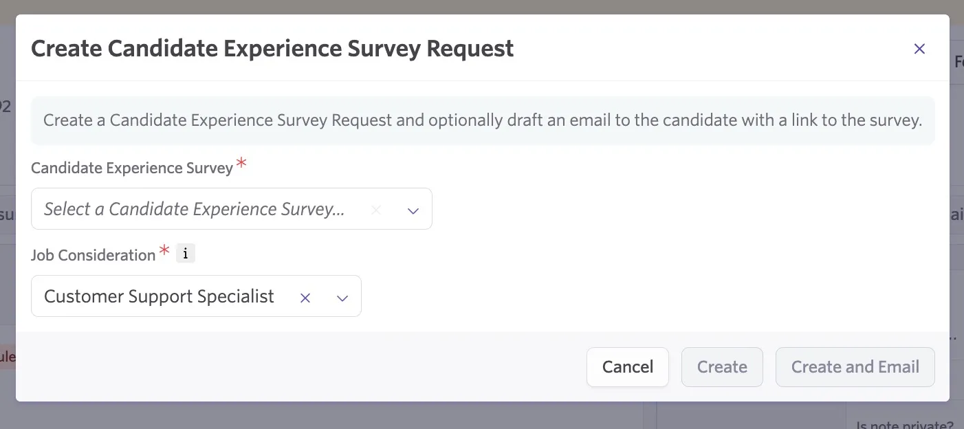 The screen to select a survey and job consideration when creating a candidate experience survey request