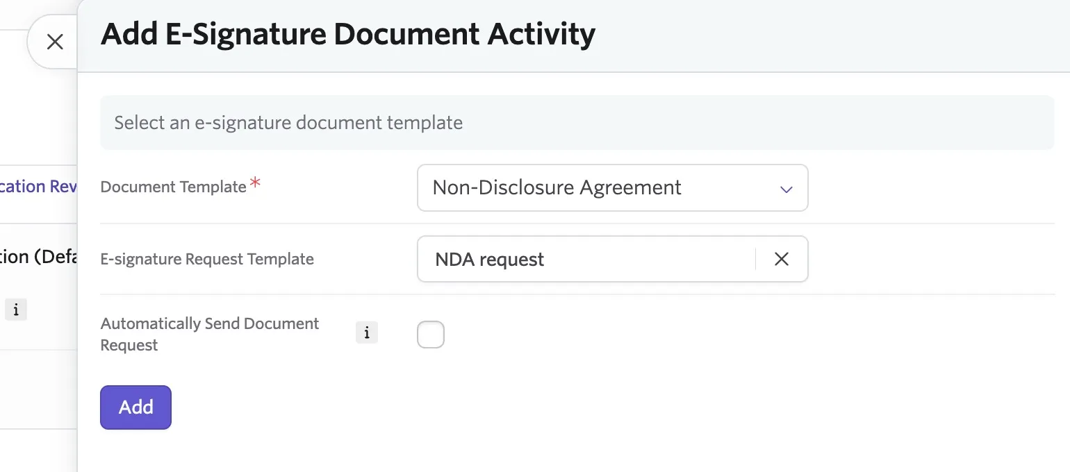 Selecting the E-signature request template and determining whether the document is send automatically.
