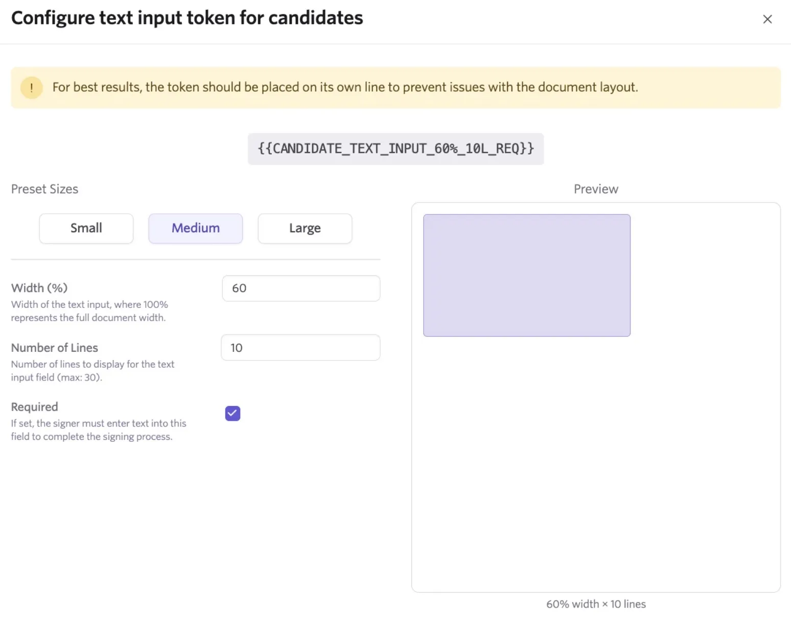 Configuring text input tokens for candidates.