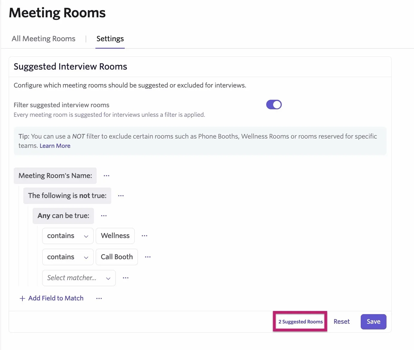 The X Suggested Rooms option that will open the rooms that meet your criteria for review.