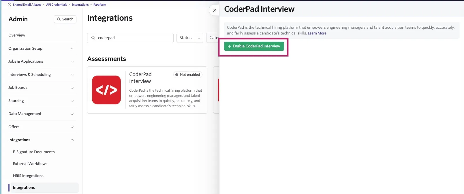 Ashby Admin Integrations page showing the CoderPad Interview integration, with the “Enable CoderPad Interview” button highlighted.