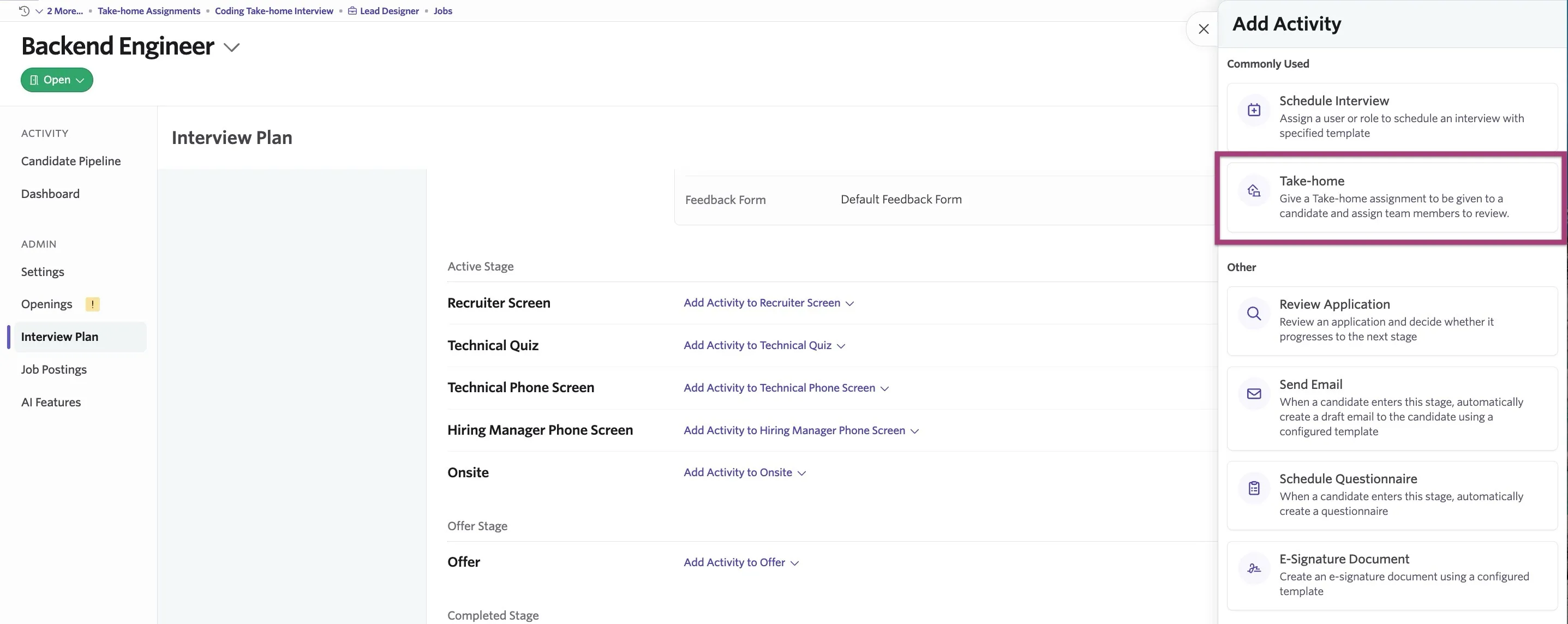 Add Activity menu with the Take-home option available.