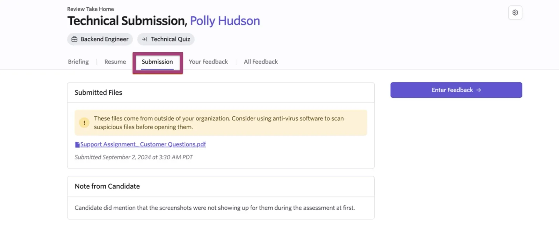 Take-home assignment briefing with a tab for downloading the candidate submission.