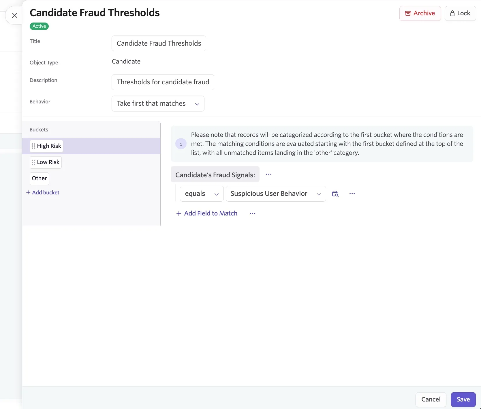 An example setup of a calculated field for candidate fraud thresholds An example setup of a calculated field for candidate fraud thresholds