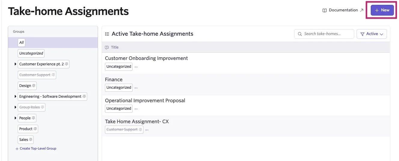 Take-home Assignments page in Ashby showing a list of active assignments, with the New button highlighted in the upper-right corner.