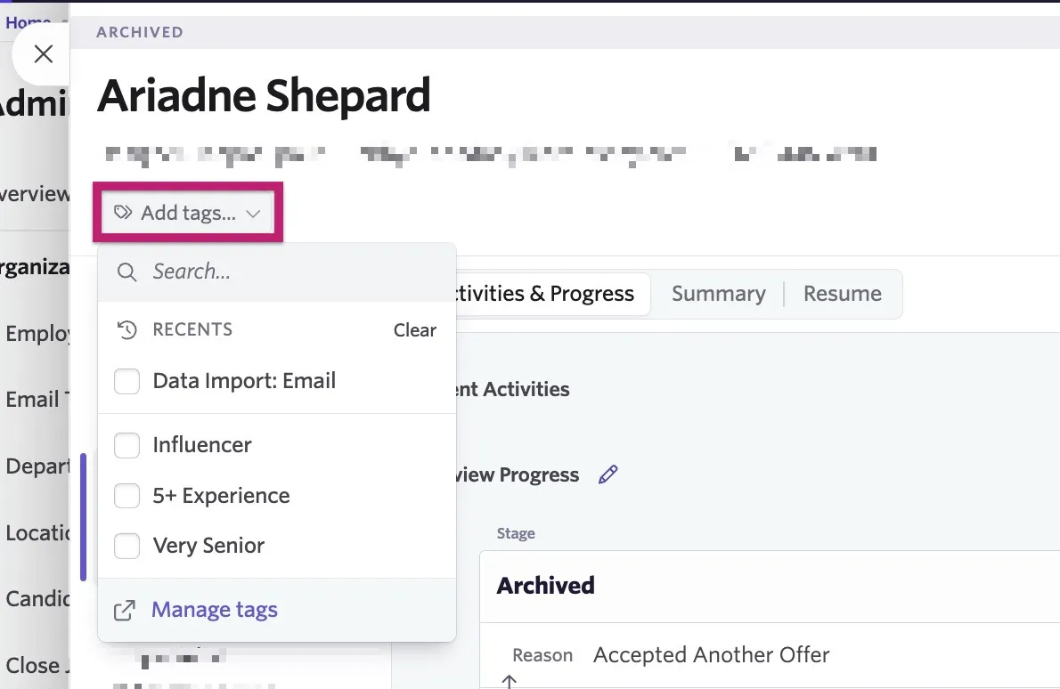 Adding tags to the candidate profile.