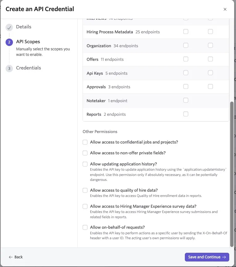 Create an API Credential dialog on the API Scopes step, showing additional permissions for accessing confidential jobs, private fields, application history, quality of hire data, Hiring Manager Experience survey data, and on-behalf-of requests.