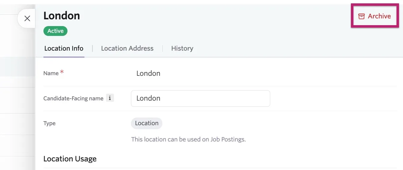 The screenshot shows an existing department with the Archive button highlighted.