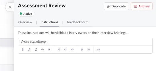 The screenshot shows an interview open on the Instructions tab.