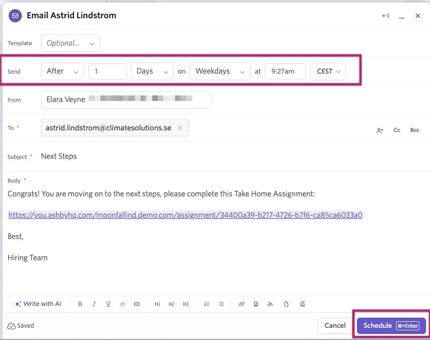 Email composer for Astrid Lindstrom with the send time scheduled for one weekday later at 9:27 AM CEST and the “Schedule” button highlighted.