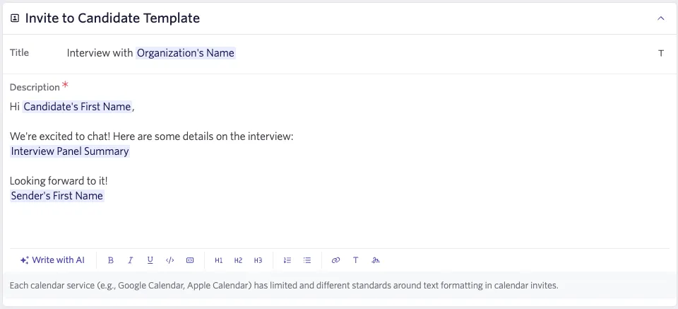 Invite to candidate template settings.