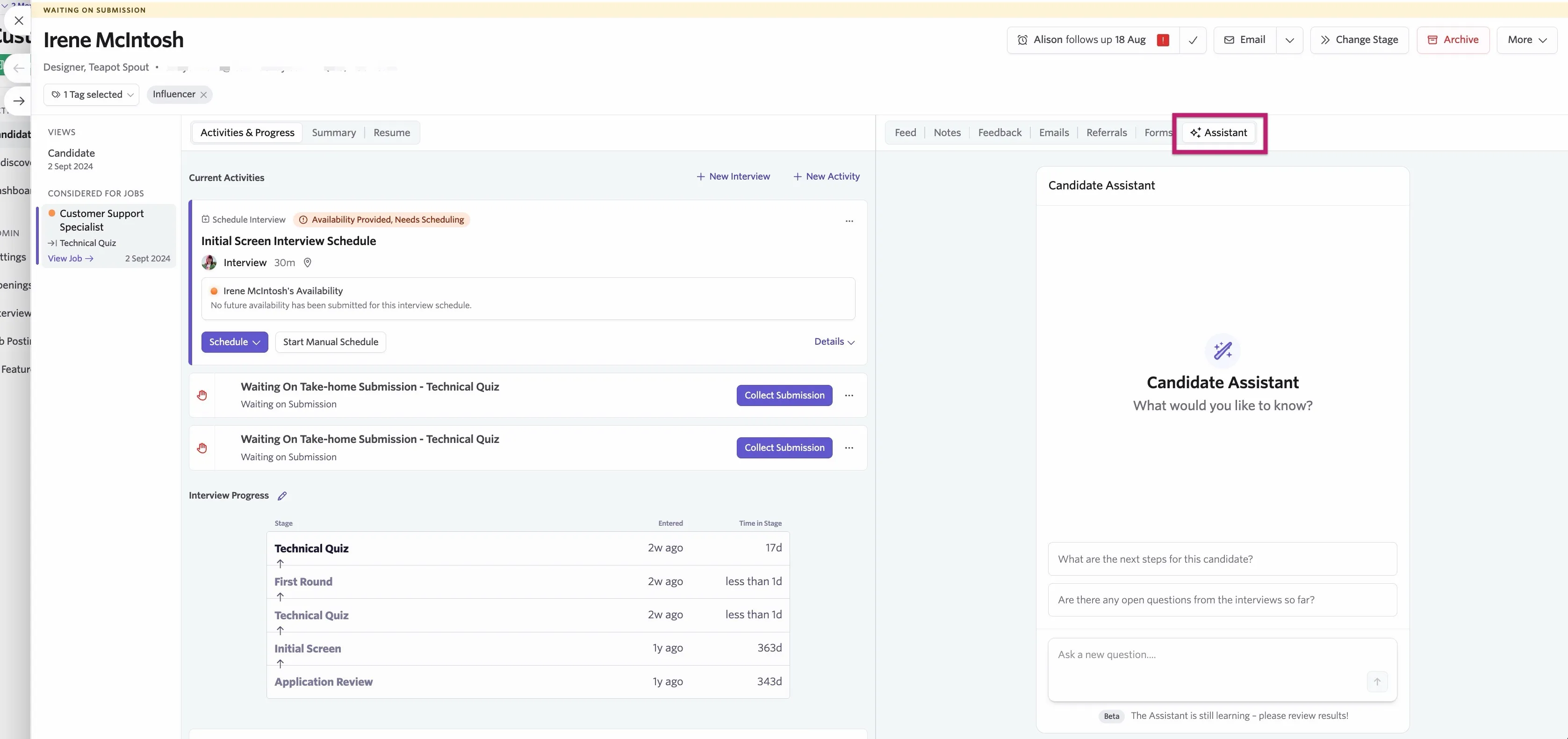 The screenshot shows an example candidate profile with the candidate assistant open. The screenshot shows an example candidate profile with the candidate assistant open.