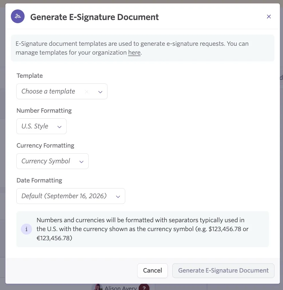The settings when generating an e-signature document.