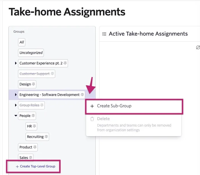 Take-home Assignments page in Ashby showing options to create a top-level group or a sub-group within an existing group.