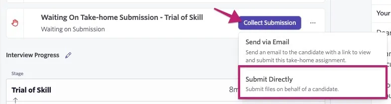 Candidate profile in Ashby showing a take-home assignment waiting on submission, with the Collect Submission menu open and the Submit Directly option highlighted.
