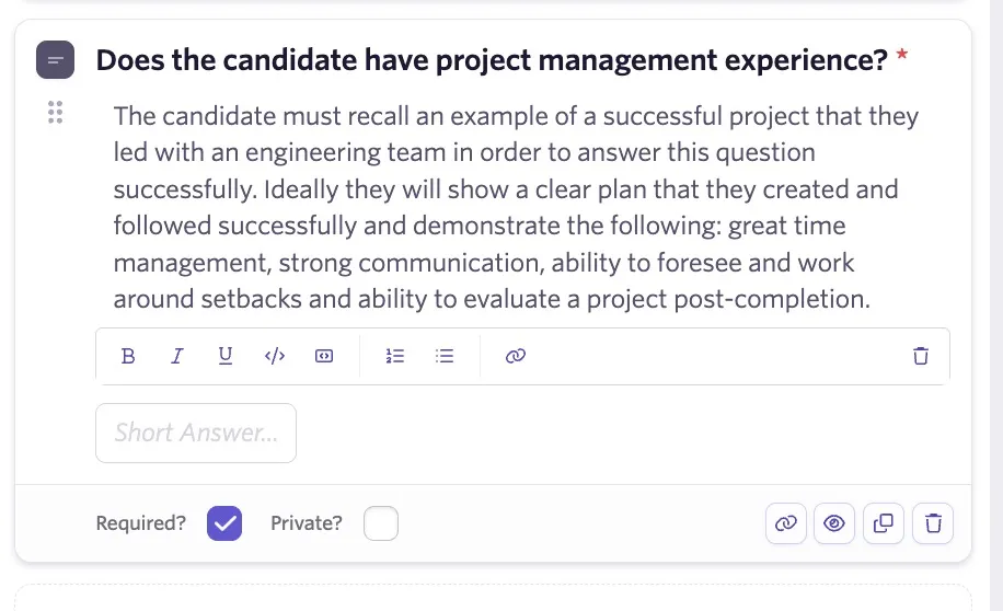 The screenshot shows an example of a feedback form question with a description.