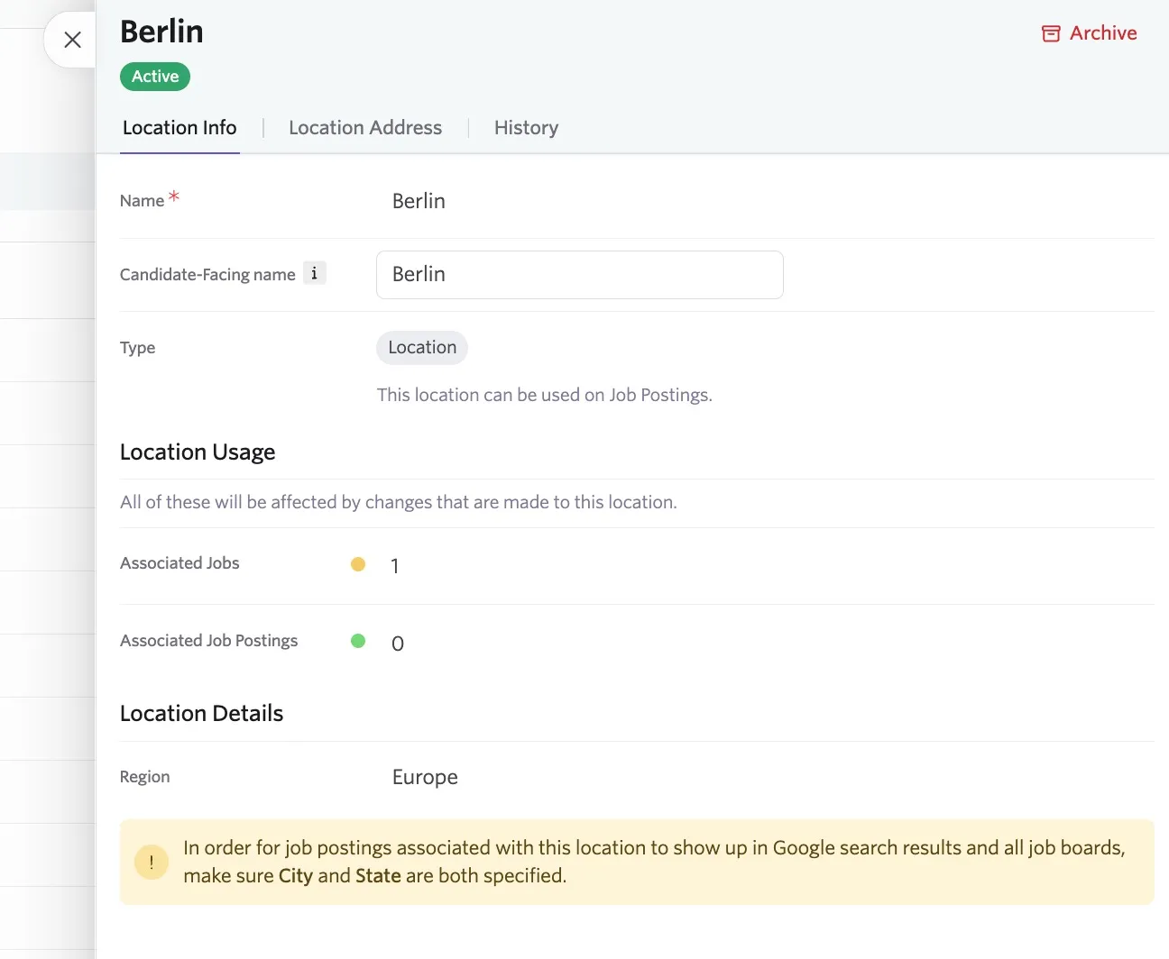 This screenshot shows the edit screen for an existing location.