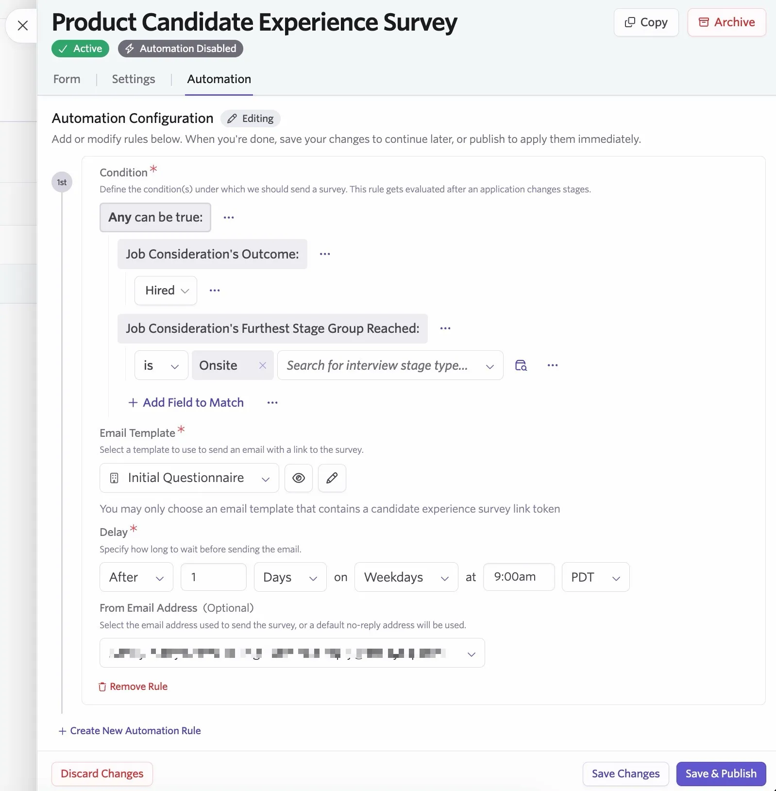 An example of a survey automation with the OR operator