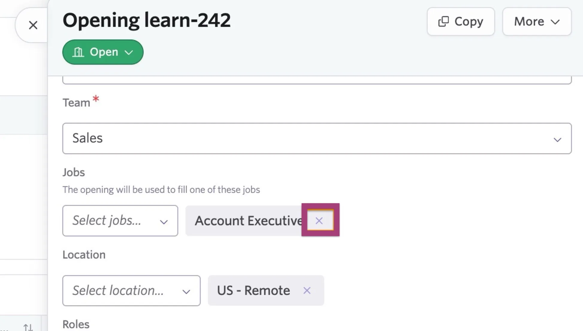 Highlights the small X icon to remove a job from an opening.