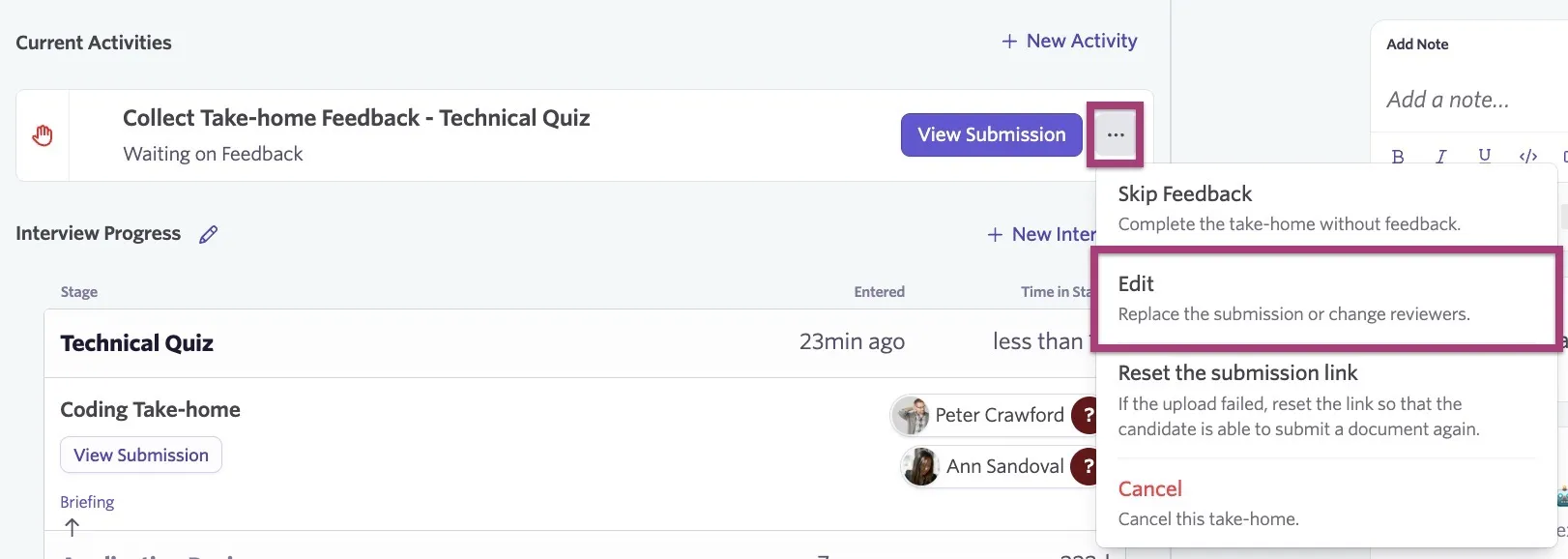 Take-home submission menu showing the Edit option for changing reviewers or replacing a submission.