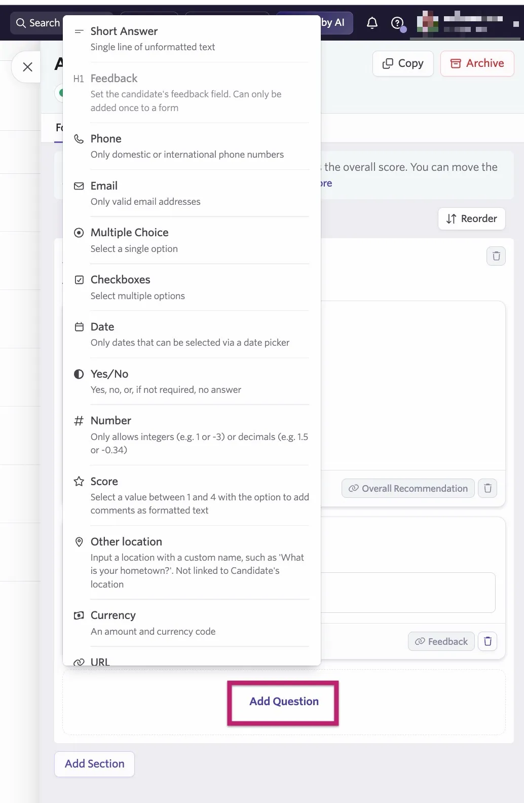 The screenshot shows a feedback form with the Add Question highlighted and the menu to pick a field type.