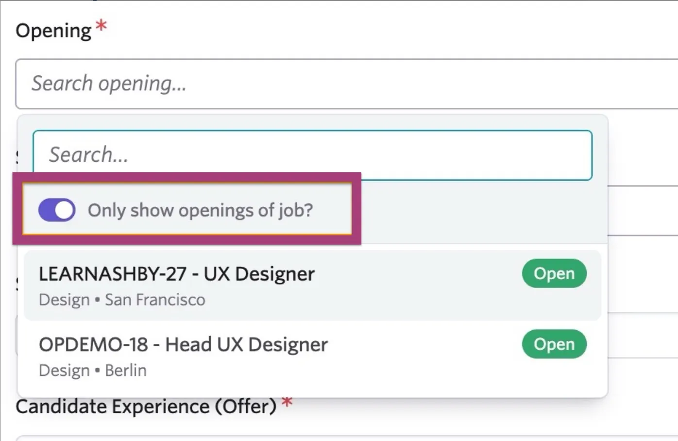 Highlights the Only show openings of Job? toggle button.