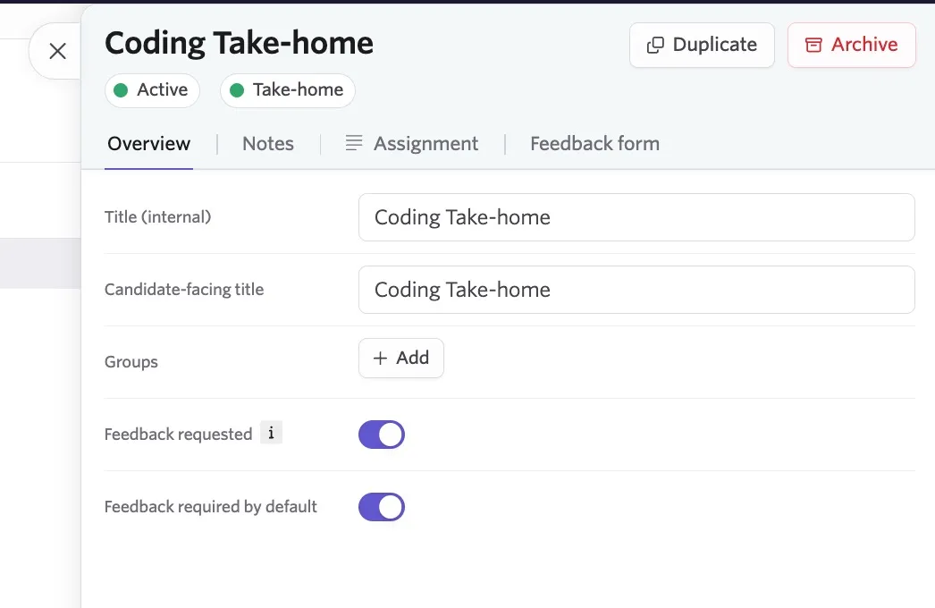 Shared take-home setup showing the Overview, Notes, Assignment, and Feedback Form tabs.