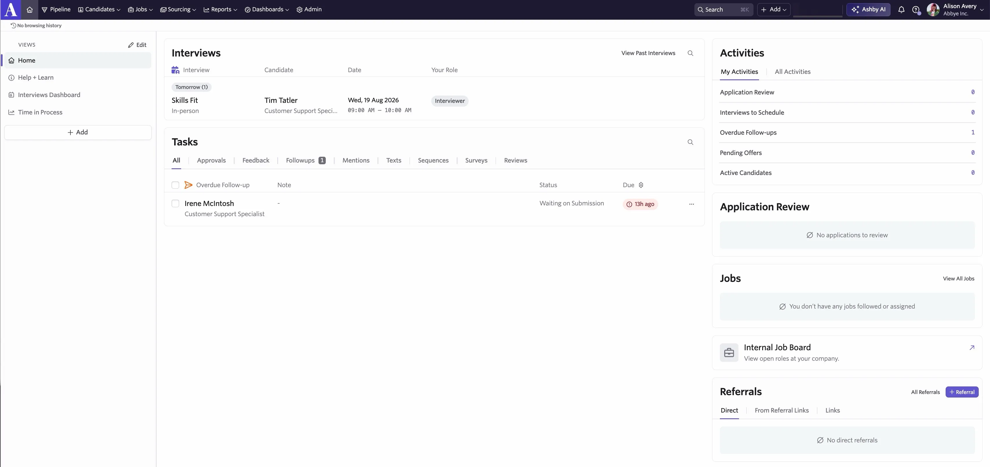 This screenshot shows the Home Page view in Ashby. This screenshot shows the Home Page view in Ashby.