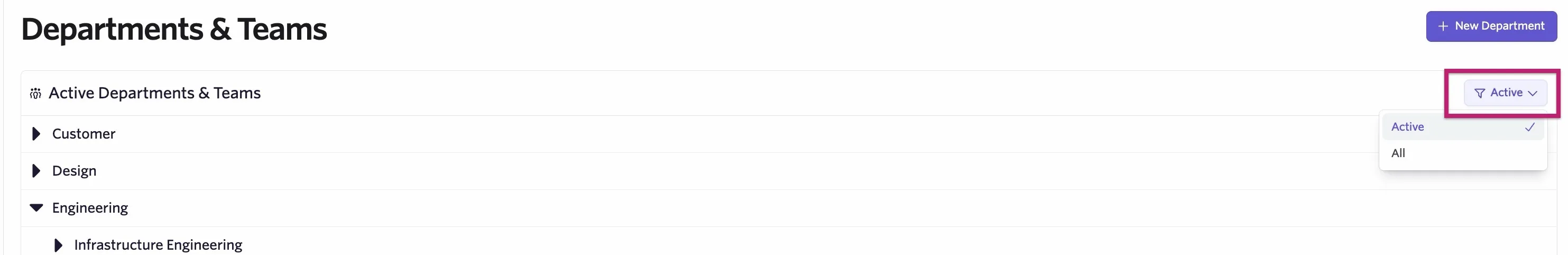 The screenshot shows the Departments & Teams page with the Active dropdown highlighted.